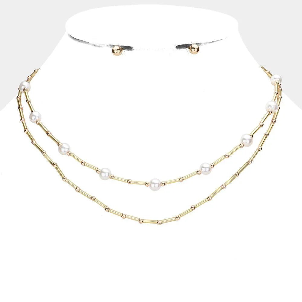 Gold Pearl Station Tube Beaded Double Layered Necklace - Jewelry Store by Erik Rayo