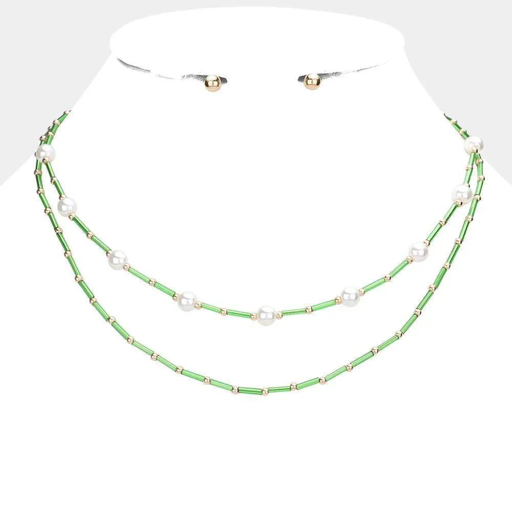 Green Pearl Station Tube Beaded Double Layered Necklace - Jewelry Store by Erik Rayo