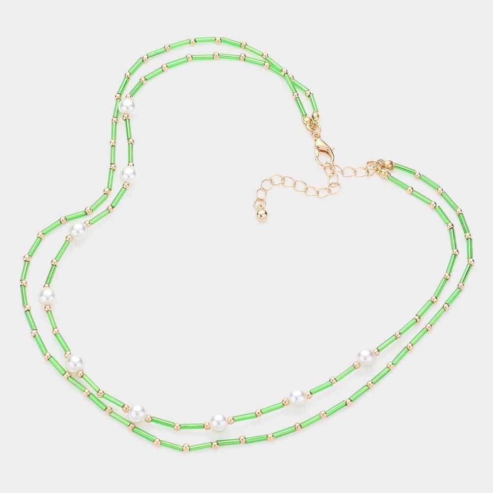 Green Pearl Station Tube Beaded Double Layered Necklace - Jewelry Store by Erik Rayo