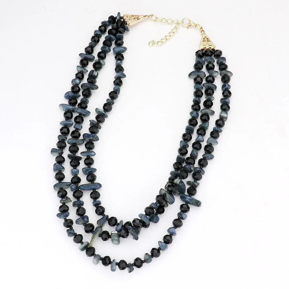 Black Shell Stone Faceted Beaded Triple Layered Bib Necklace - Jewelry Store by Erik Rayo