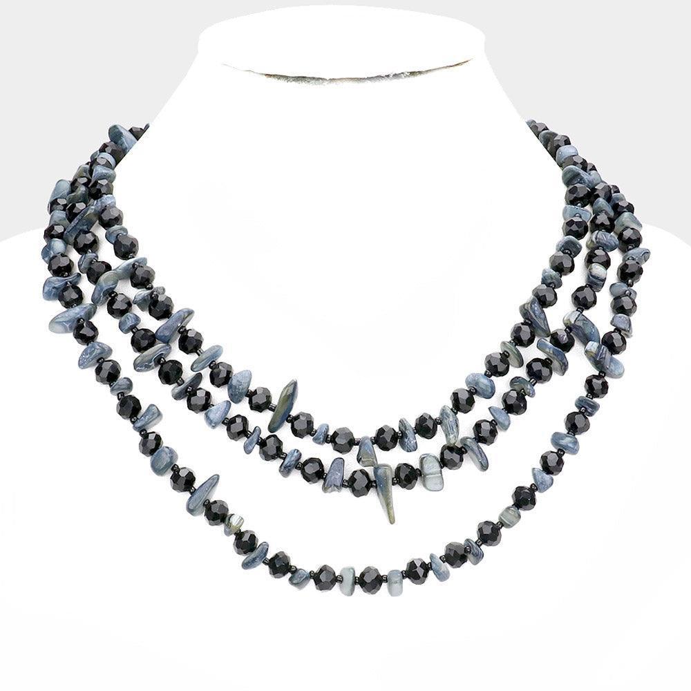 Black Shell Stone Faceted Beaded Triple Layered Bib Necklace - Jewelry Store by Erik Rayo
