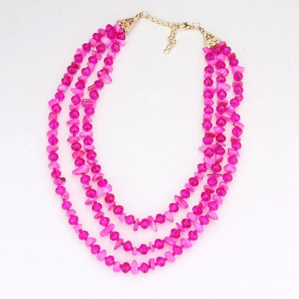 Fuchsia Shell Stone Faceted Beaded Triple Layered Bib Necklace - Jewelry Store by Erik Rayo
