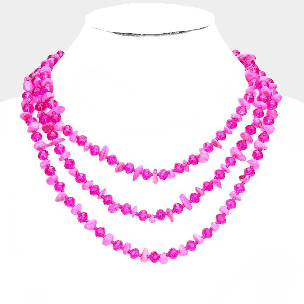 Fuchsia Shell Stone Faceted Beaded Triple Layered Bib Necklace - Jewelry Store by Erik Rayo