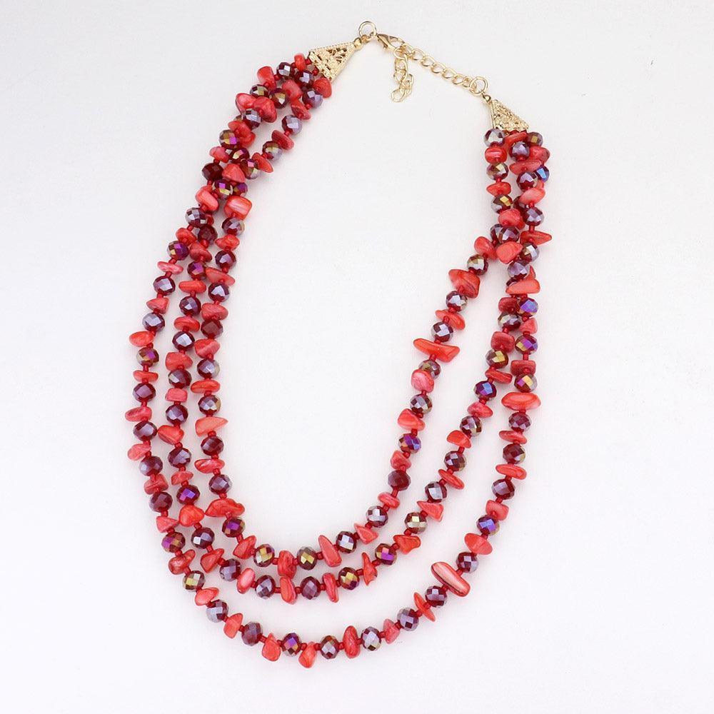 Red Shell Stone Faceted Beaded Triple Layered Bib Necklace - Jewelry Store by Erik Rayo