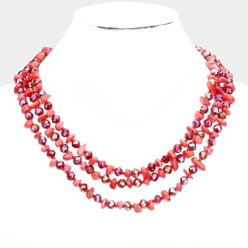 Red Shell Stone Faceted Beaded Triple Layered Bib Necklace - Jewelry Store by Erik Rayo