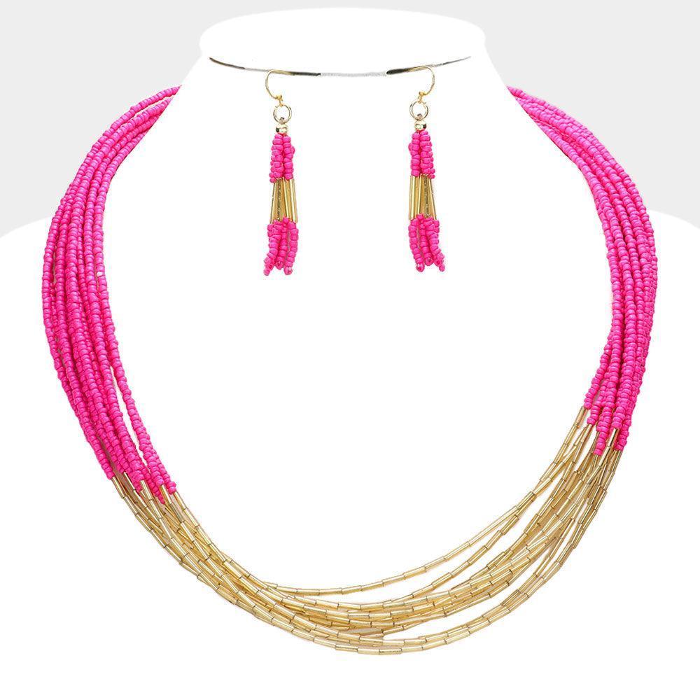 Pink Seed Beaded Multi Layered Necklace - Jewelry Store by Erik Rayo