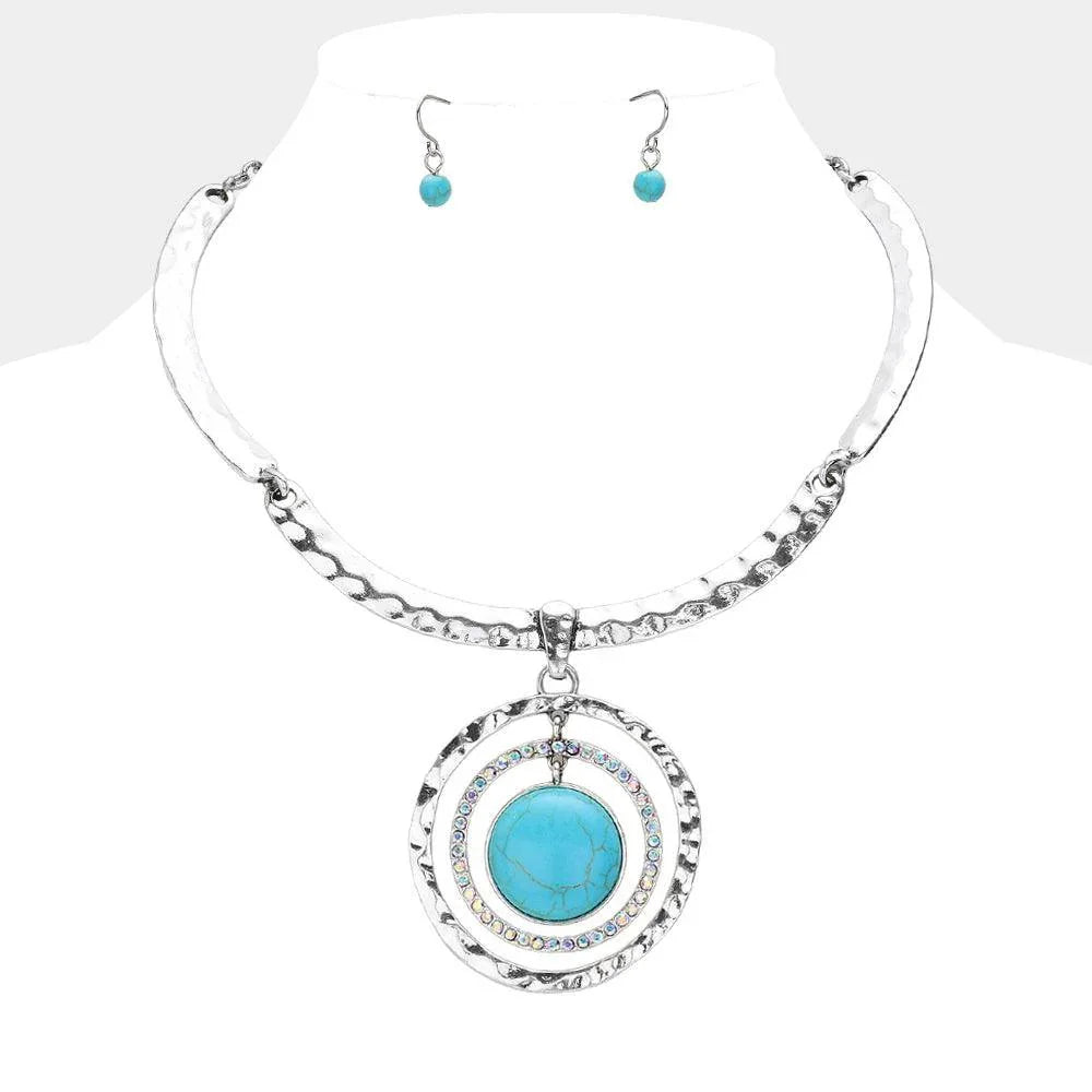 Turquoise Natural Stone Pointed Pendant Hammered Metal Western Necklace - Jewelry Store by Erik Rayo