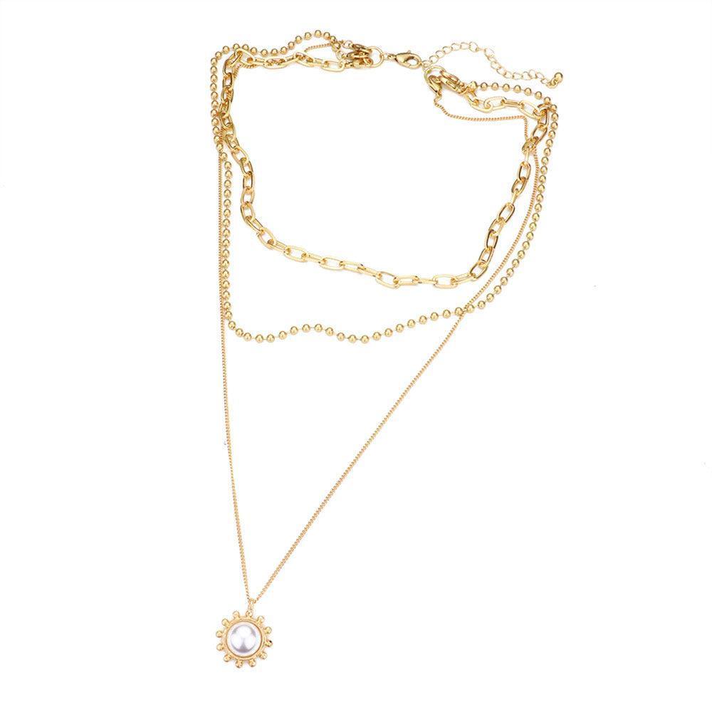 Gold Pearl Accented Sun Pendant Triple Layered Necklace - Jewelry Store by Erik Rayo