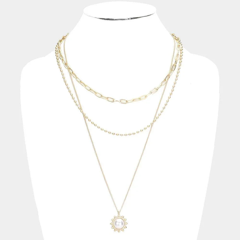 Gold Pearl Accented Sun Pendant Triple Layered Necklace - Jewelry Store by Erik Rayo