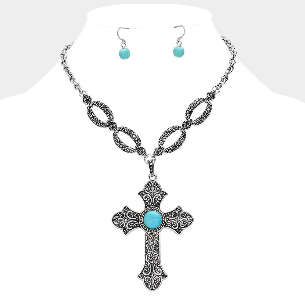 Turquoise Natural Stone Pointed Boho Cross Western Necklace