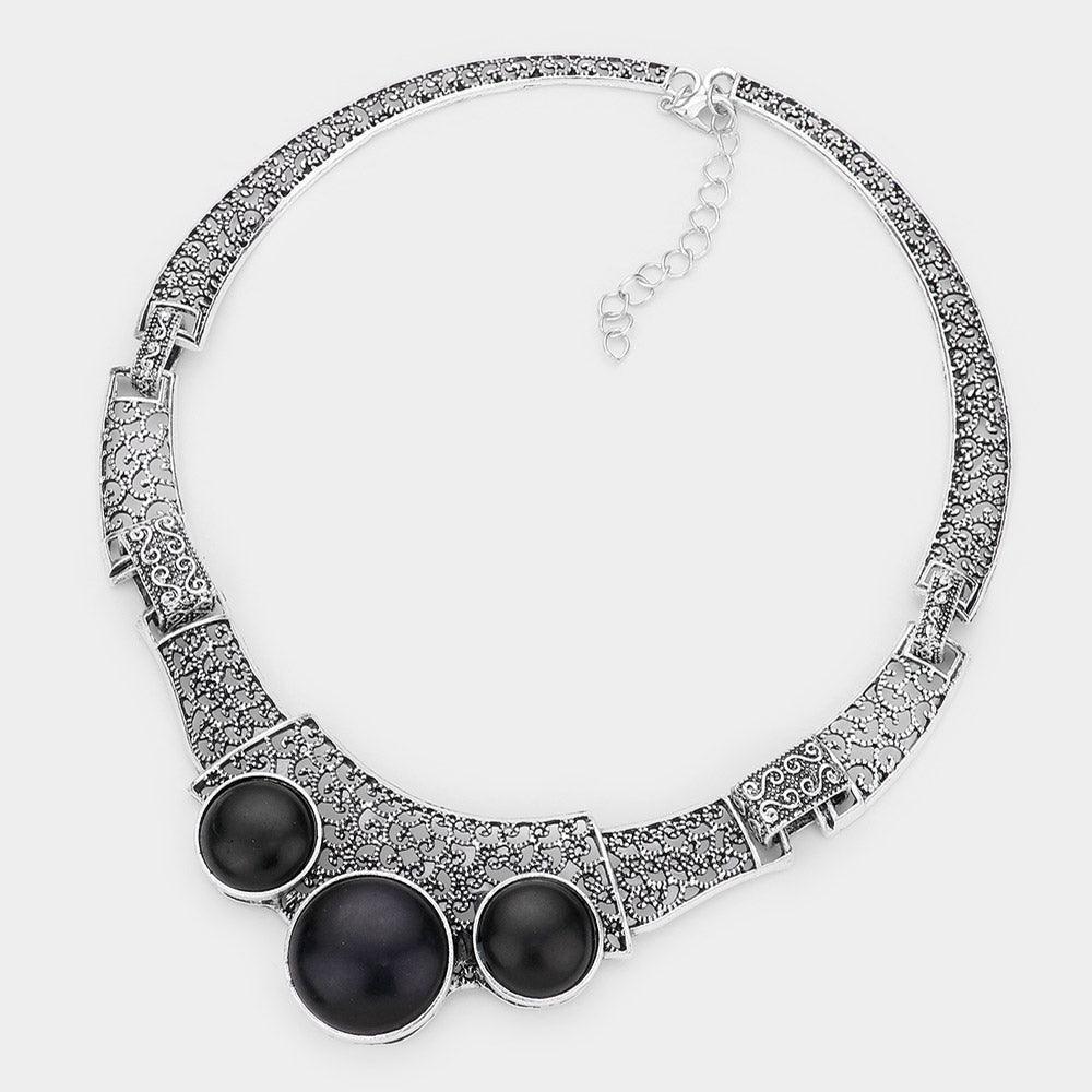Silver Antique Metal Natural Stone Accented Filigree Collar Necklace - Jewelry Store by Erik Rayo