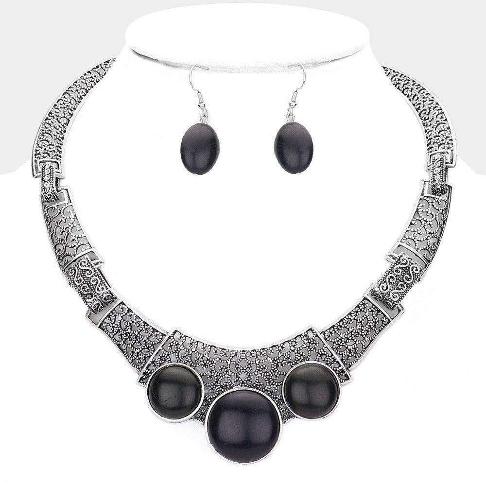 Silver Antique Metal Natural Stone Accented Filigree Collar Necklace - Jewelry Store by Erik Rayo