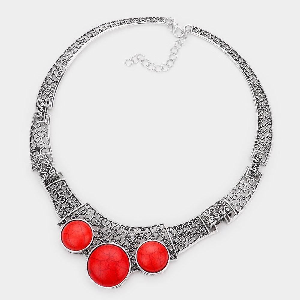 Silver Antique Metal Natural Stone Accented Filigree Collar Necklace - Jewelry Store by Erik Rayo