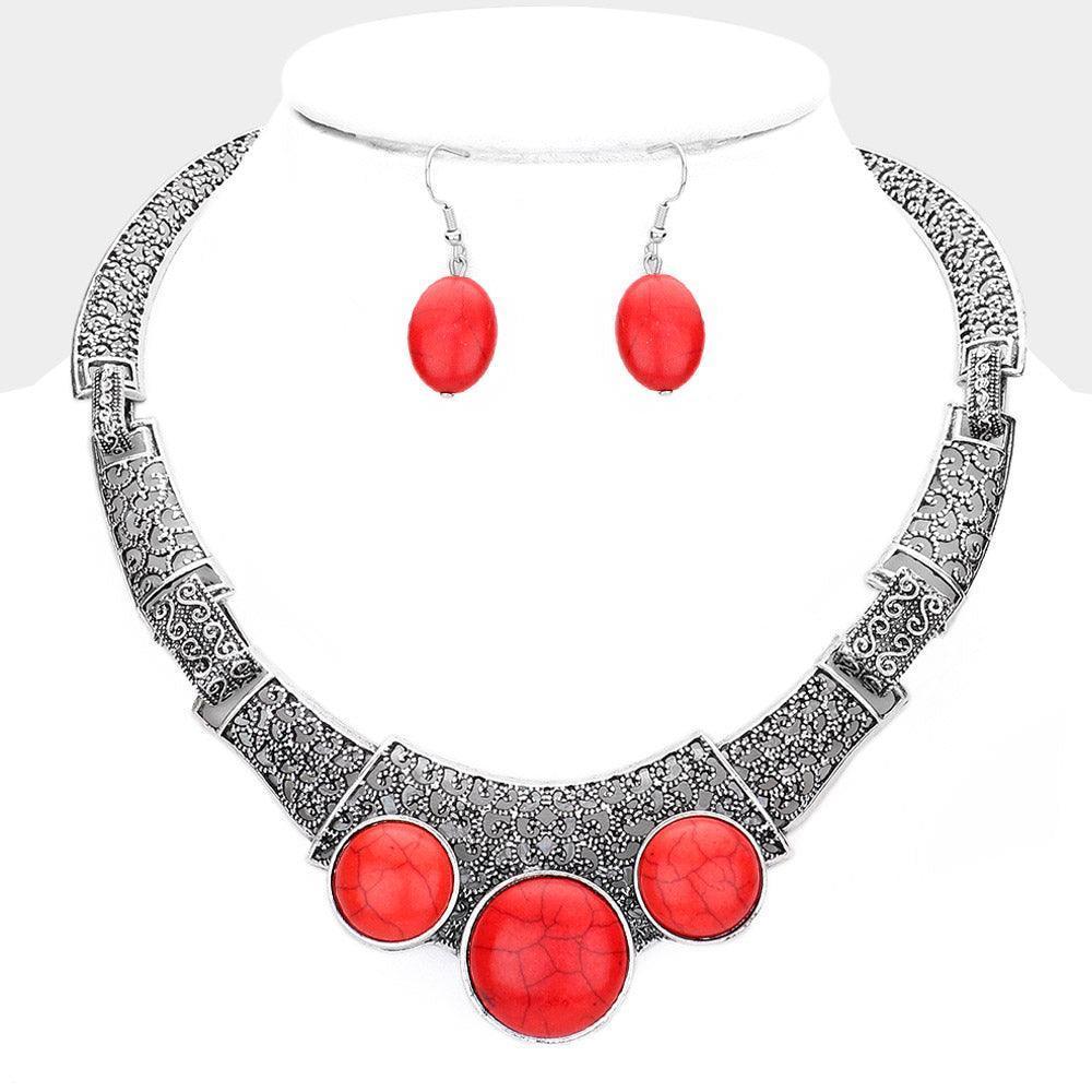 Silver Antique Metal Natural Stone Accented Filigree Collar Necklace - Jewelry Store by Erik Rayo