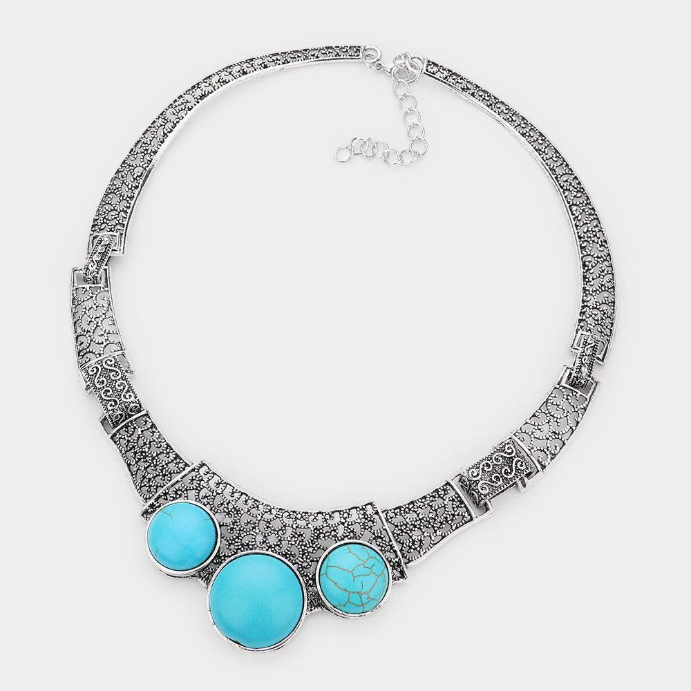 Turquoise Antique Metal Natural Stone Accented Filigree Collar Necklace - Jewelry Store by Erik Rayo