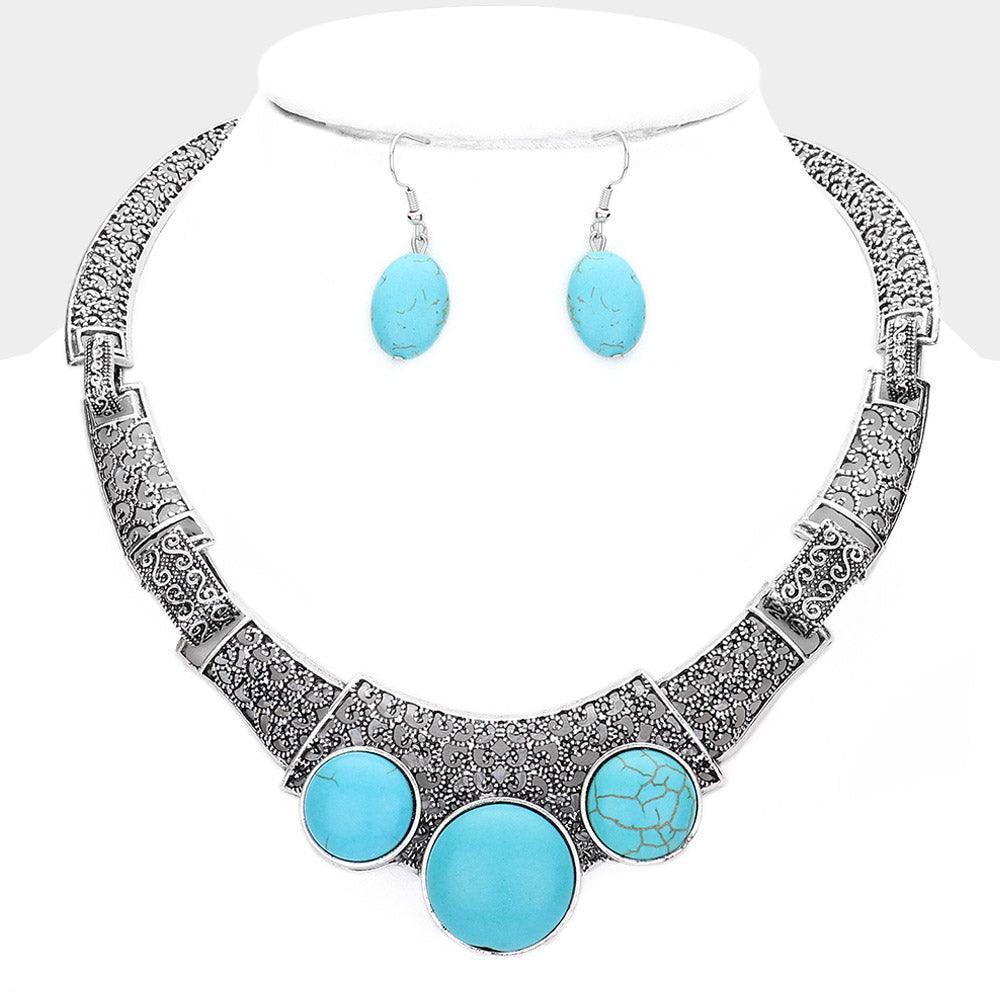 Turquoise Antique Metal Natural Stone Accented Filigree Collar Necklace - Jewelry Store by Erik Rayo