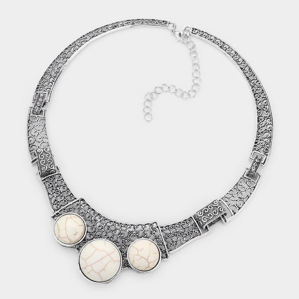 White Antique Metal Natural Stone Accented Filigree Collar Necklace - Jewelry Store by Erik Rayo