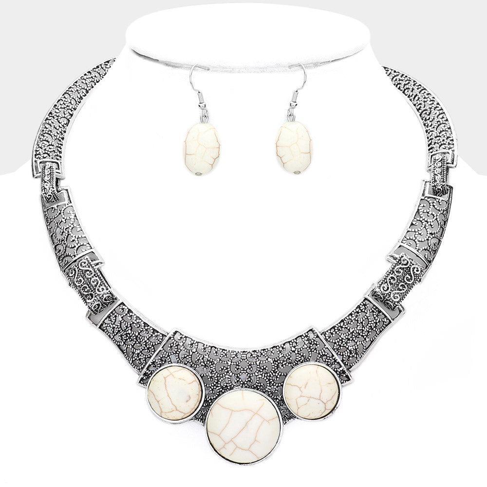 White Antique Metal Natural Stone Accented Filigree Collar Necklace - Jewelry Store by Erik Rayo