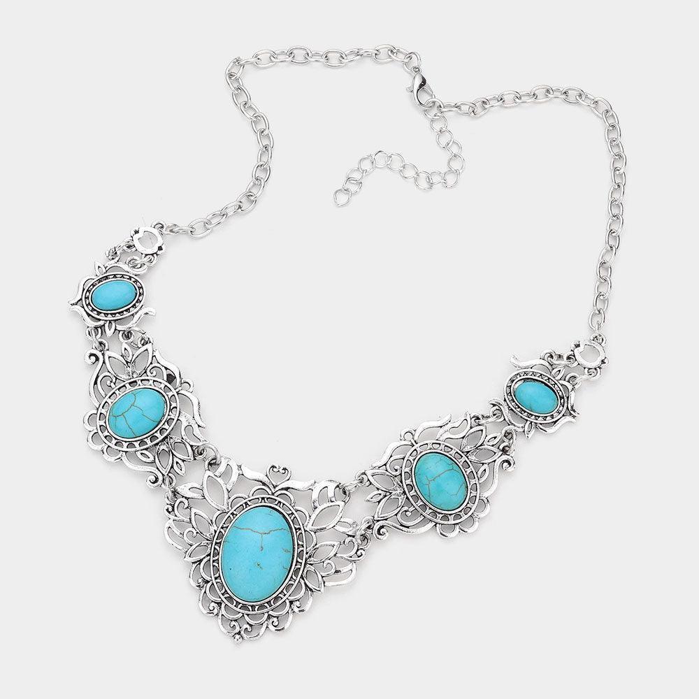 Turquoise Antique Metal Oval Natural Stone Embellished Necklace - Jewelry Store by Erik Rayo