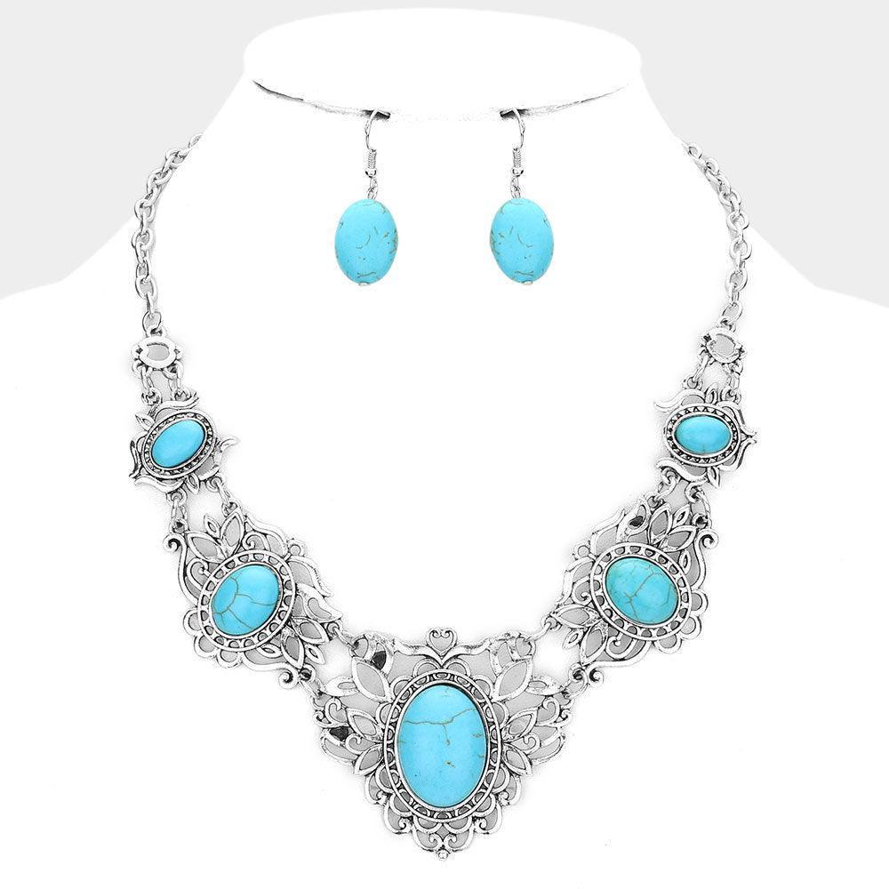 Turquoise Antique Metal Oval Natural Stone Embellished Necklace - Jewelry Store by Erik Rayo