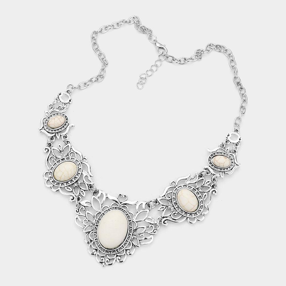 White Antique Metal Oval Natural Stone Embellished Necklace - Jewelry Store by Erik Rayo