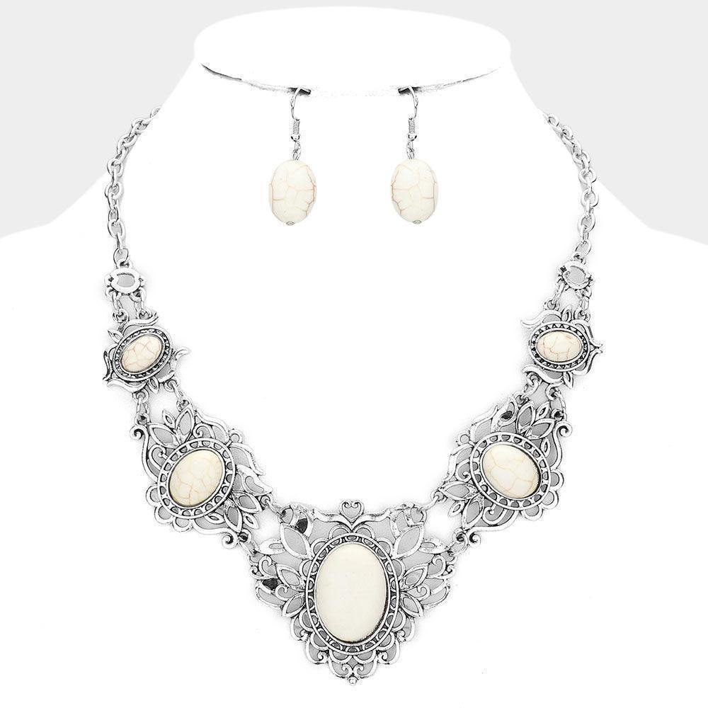 White Antique Metal Oval Natural Stone Embellished Necklace - Jewelry Store by Erik Rayo