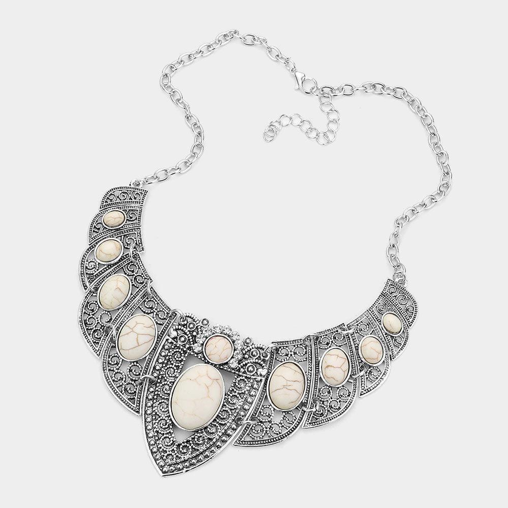 White Antique Metal Natural Stone Embellished Necklace - Jewelry Store by Erik Rayo