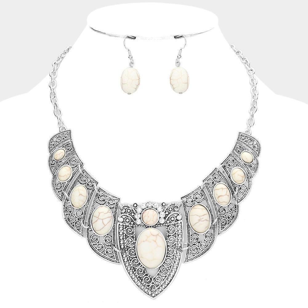 White Antique Metal Natural Stone Embellished Necklace - Jewelry Store by Erik Rayo