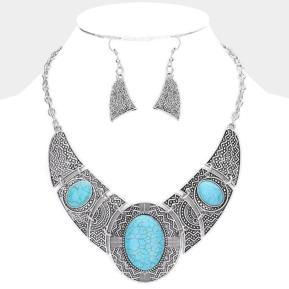 Turquoise Antique Metal Oval Natural Stone Accented Necklace