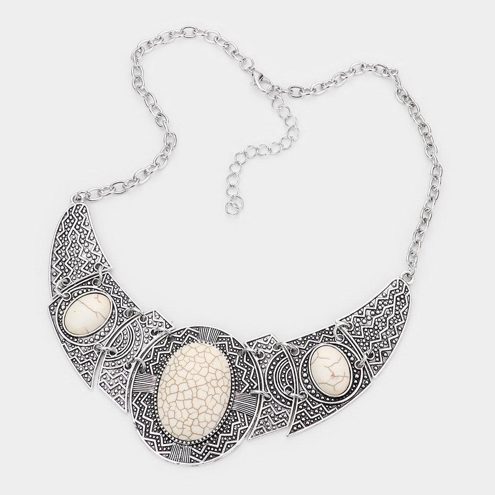 White Antique Metal Oval Natural Stone Accented Necklace - Jewelry Store by Erik Rayo