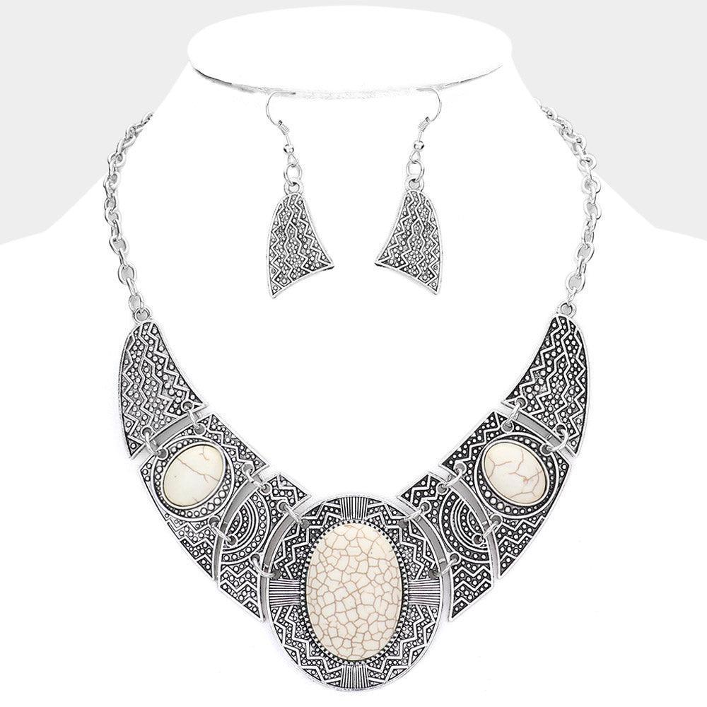 White Antique Metal Oval Natural Stone Accented Necklace - Jewelry Store by Erik Rayo