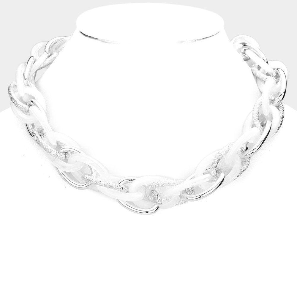 White Resin Metal Open Oval Link Necklace - Jewelry Store by Erik Rayo