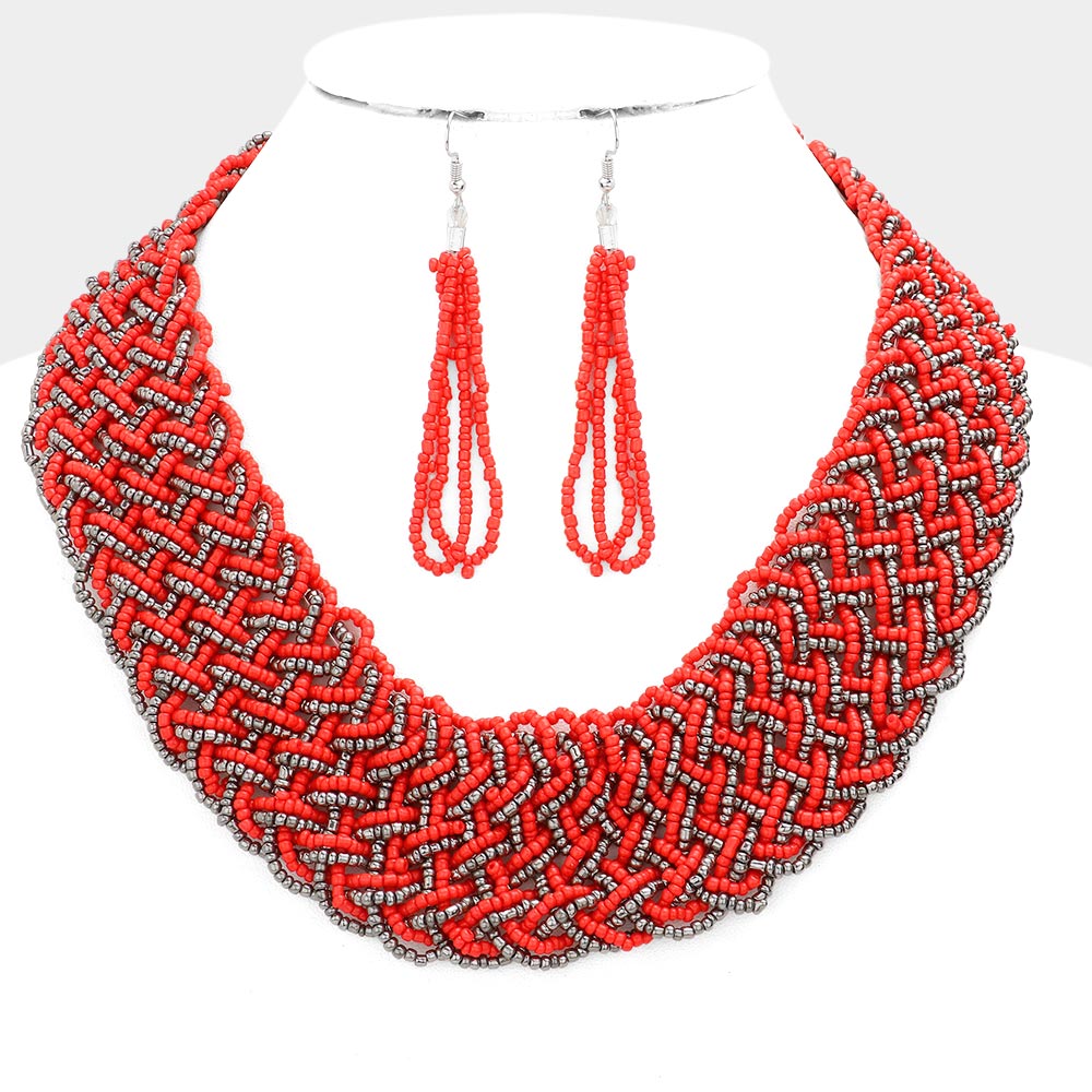 Red Braided Seed Beaded Necklace