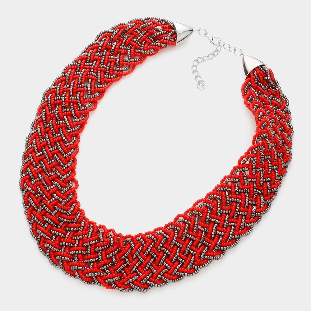 Red Braided Seed Beaded Necklace - Jewelry Store by Erik Rayo