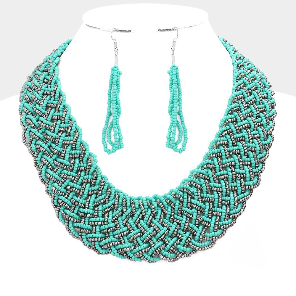 Turquoise Braided Seed Beaded Necklace