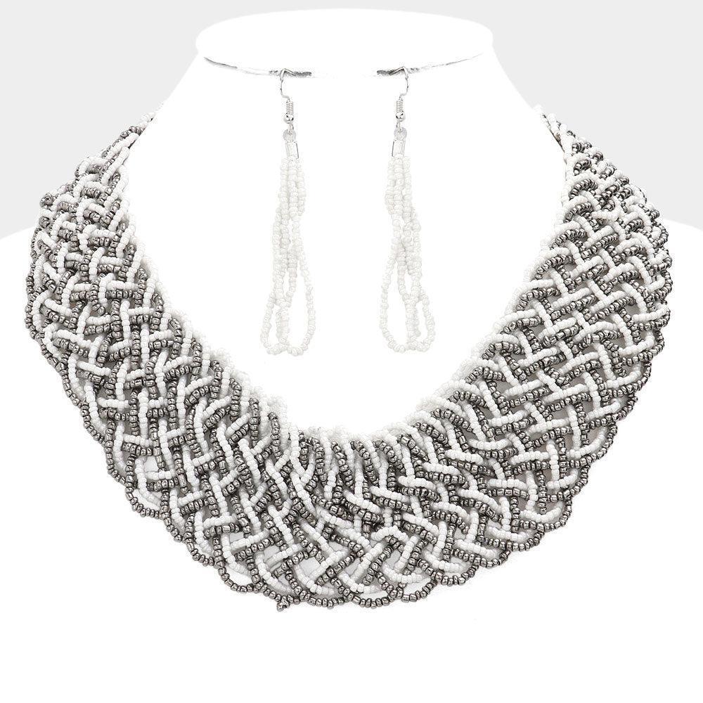 White Braided Seed Beaded Necklace - Jewelry Store by Erik Rayo