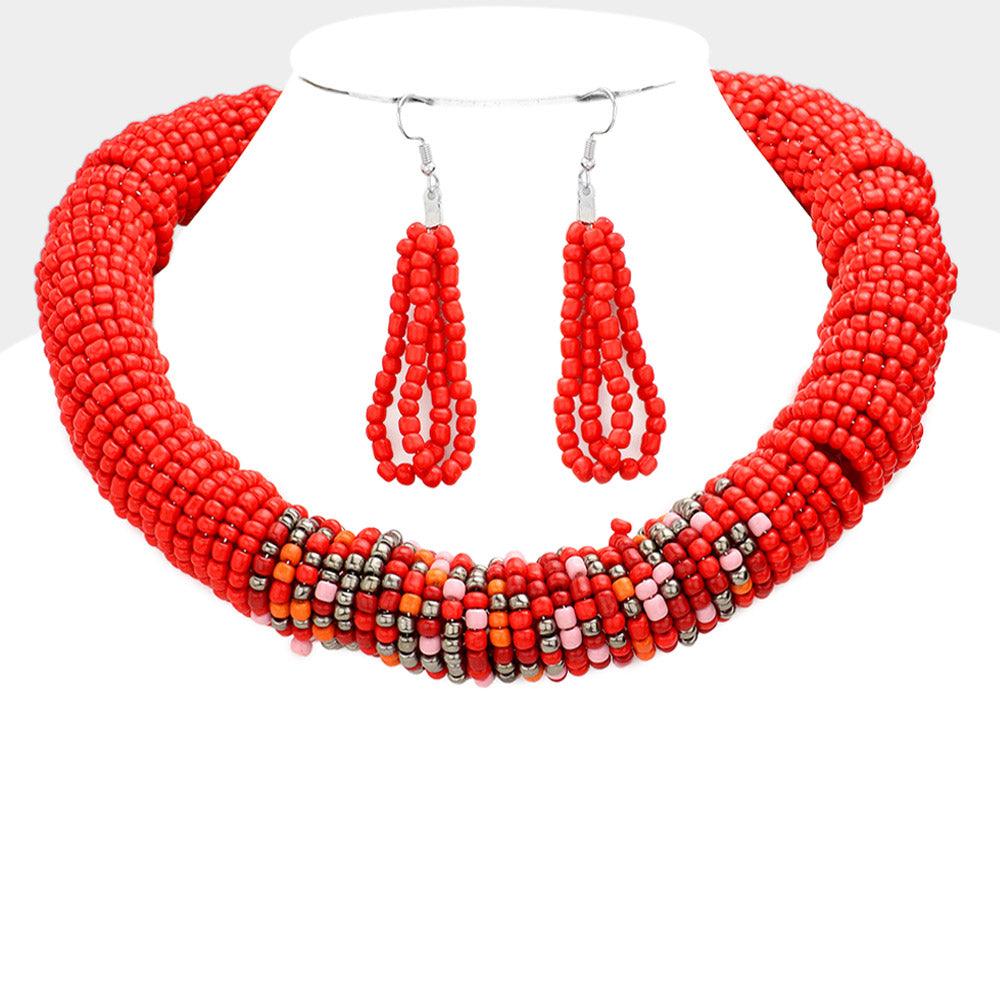 Red Seed Beaded Collar Necklace