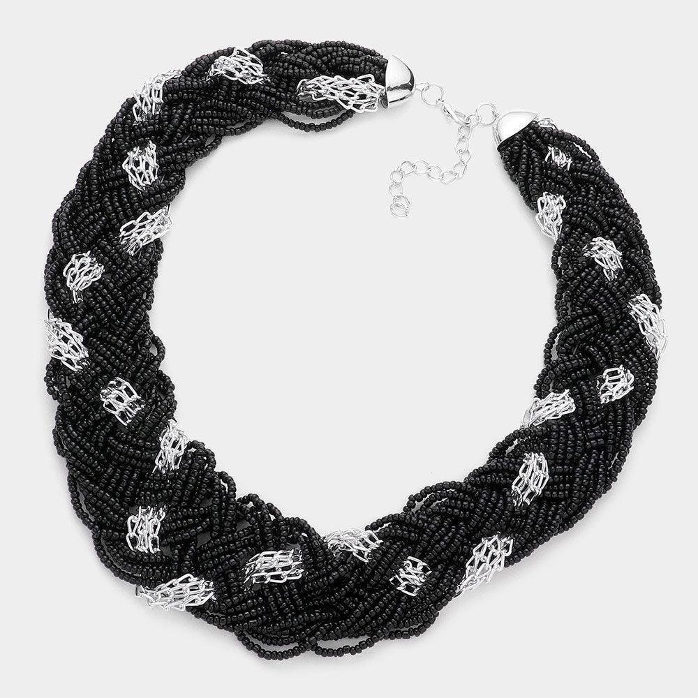 Black Braided Metal Chain Seed Beaded Necklace - Jewelry Store by Erik Rayo