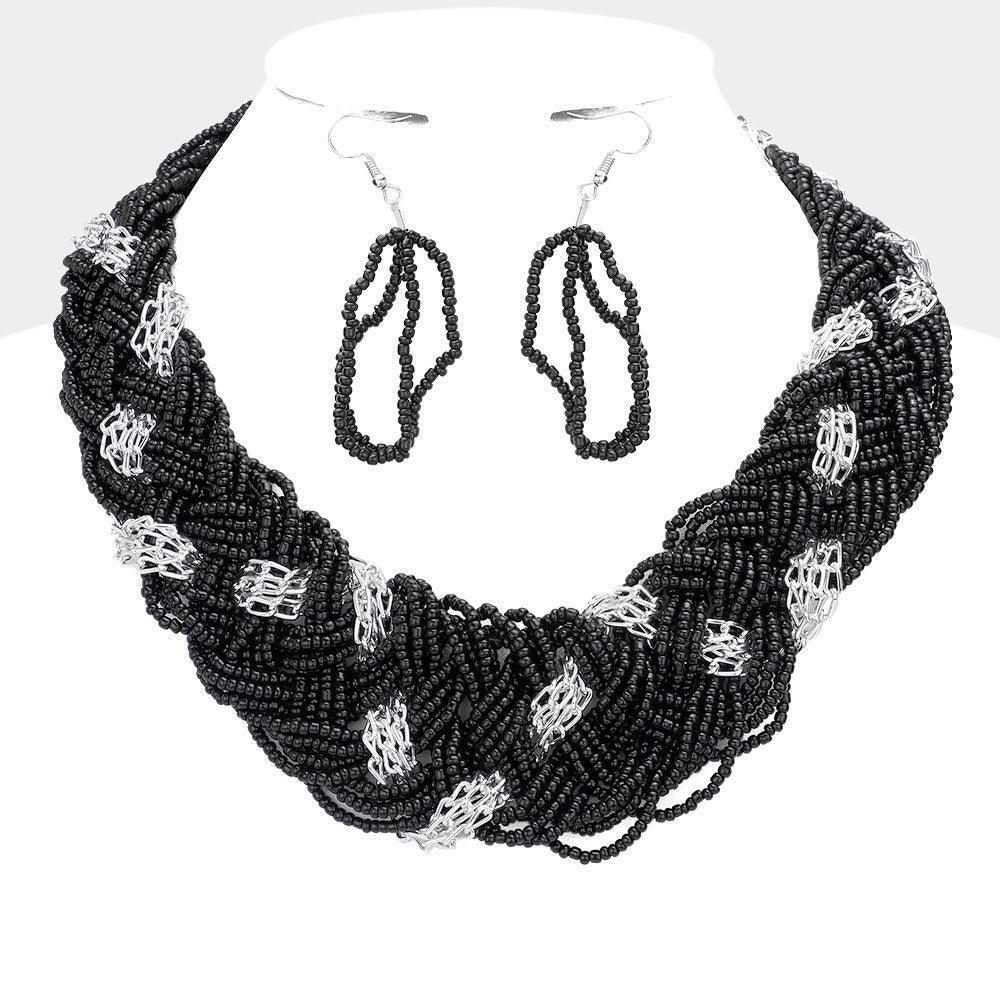 Black Braided Metal Chain Seed Beaded Necklace - Jewelry Store by Erik Rayo