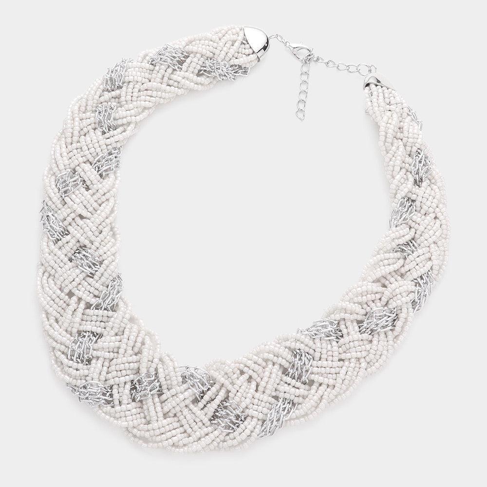 Ivory Braided Metal Chain Seed Beaded Necklace - Jewelry Store by Erik Rayo