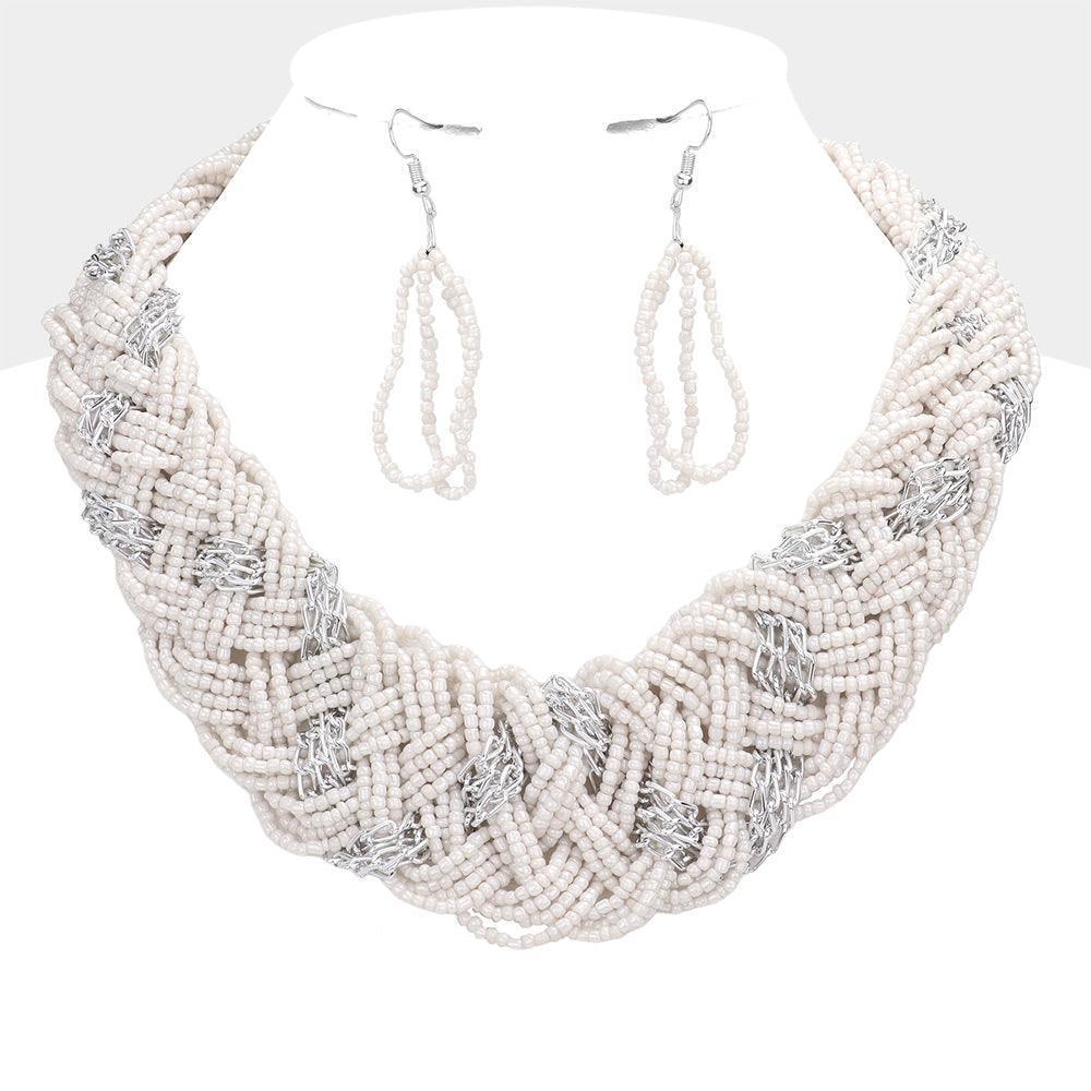 Ivory Braided Metal Chain Seed Beaded Necklace - Jewelry Store by Erik Rayo