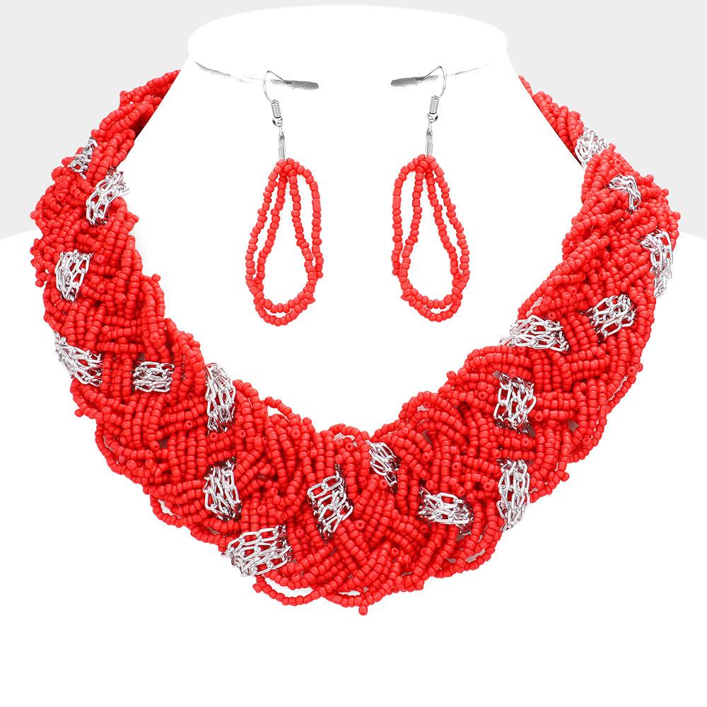 Red Braided Metal Chain Seed Beaded Necklace