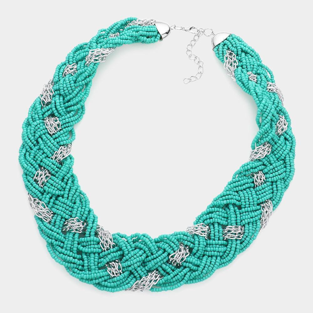 Turquoise Braided Metal Chain Seed Beaded Necklace - Jewelry Store by Erik Rayo