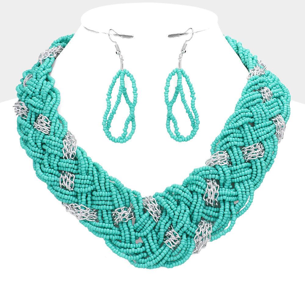 Turquoise Braided Metal Chain Seed Beaded Necklace