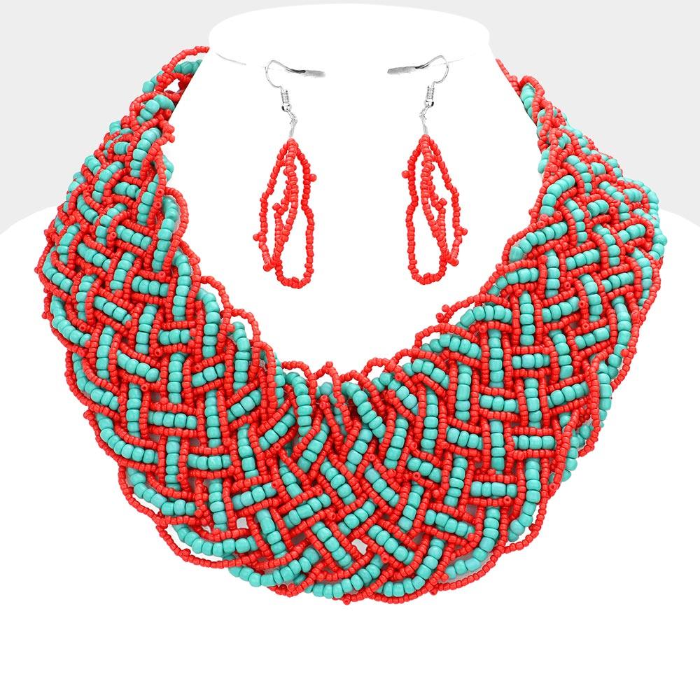 Red Braided Seed Beaded Necklace