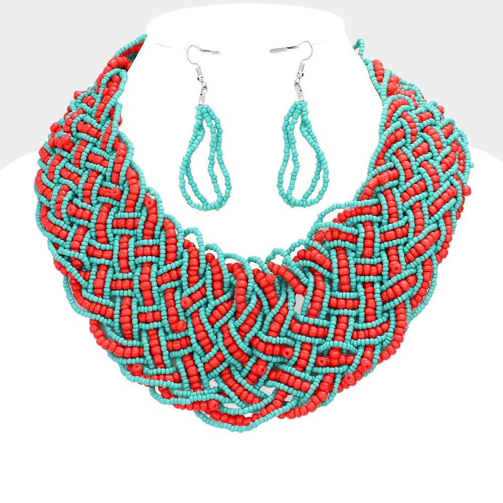 Turquoise Braided Seed Beaded Necklace