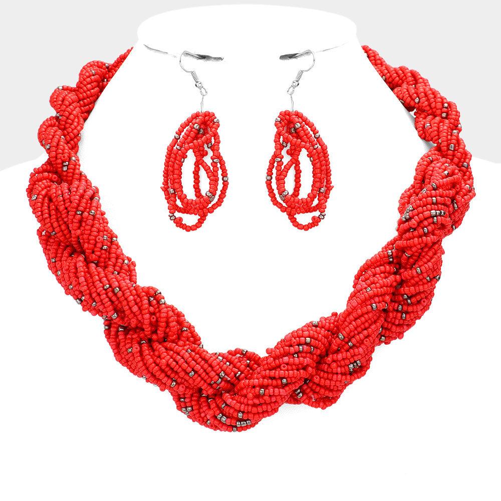 Red Braided Seed Beaded Necklace