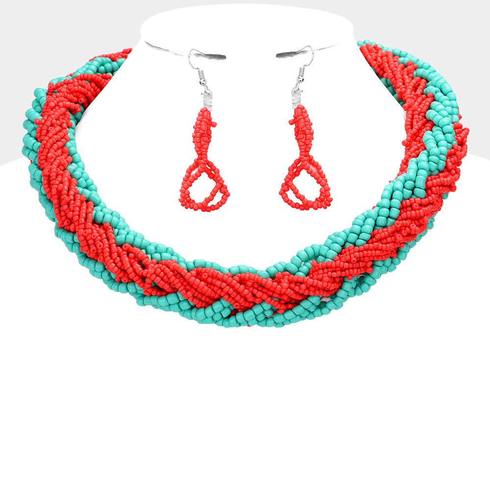 Red Braided Two Tone Seed Beaded Necklace