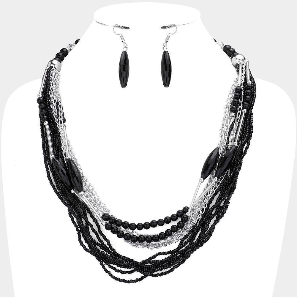 Black Metal Chain Seed Beaded Multi Layered Necklace - Jewelry Store by Erik Rayo