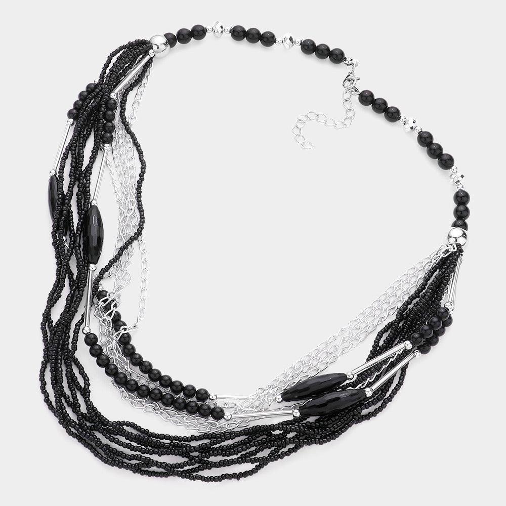 Black Metal Chain Seed Beaded Multi Layered Necklace - Jewelry Store by Erik Rayo